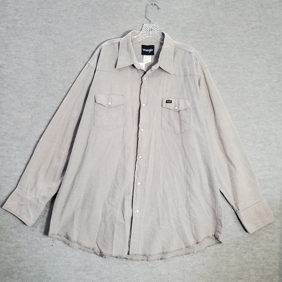 Wrangler Men Button Up Shirt 2XL Gray Western Pearl Snap Pockets Long Sleeve - Picture 1 of 9